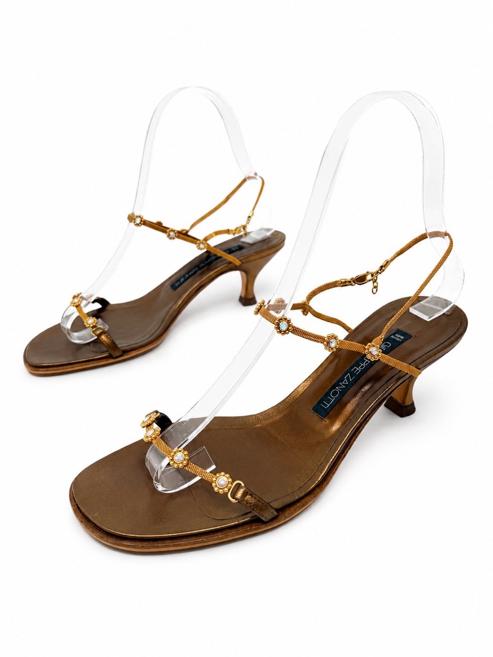 Giuseppe Zanotti Crystal Chain Kitten Heel Sandals Gold Womens Size US 7.5